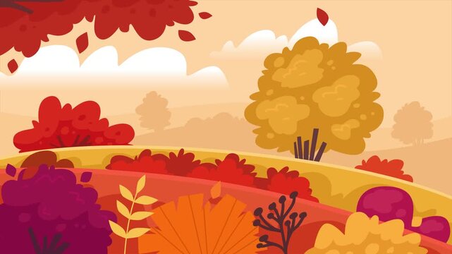 A looping animation of an autumn landscape. A windy autumn day in the forest. Trees and bushes in a clearing.