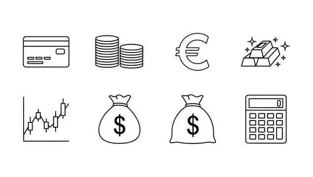 Financial icons including currency calculator and investment symbols