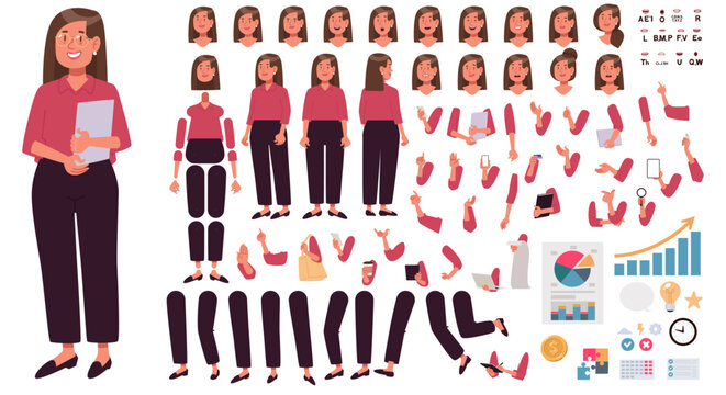 Set for creating a business woman character with various emotions, gestures, and actions