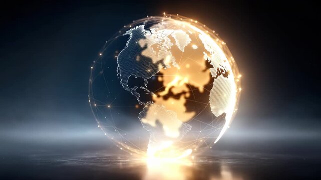Glowing digital Earth globe rotating with network nodes and golden light flare on dark studio 60 FPS