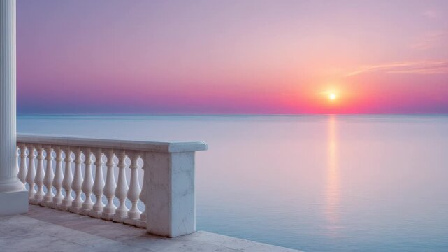 60 FPS Ocean sunset from marble balustrade terrace with pastel sky and sun reflection fading