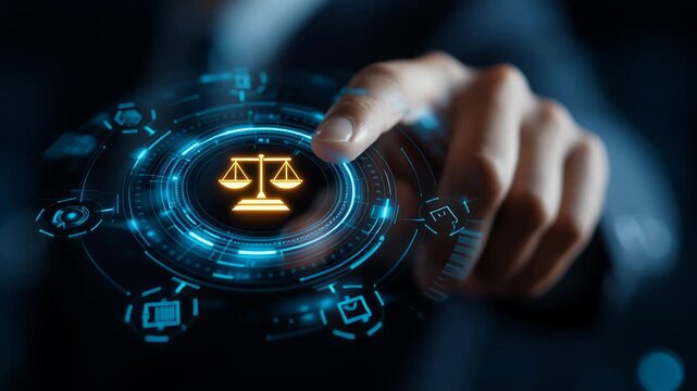 A close-up of a businessman&rsquo;s hand touching a glowing scales of justice icon on a futuristic digital interface. Surrounding the icon are AI symbols, policy documents, and compliance indicators. 