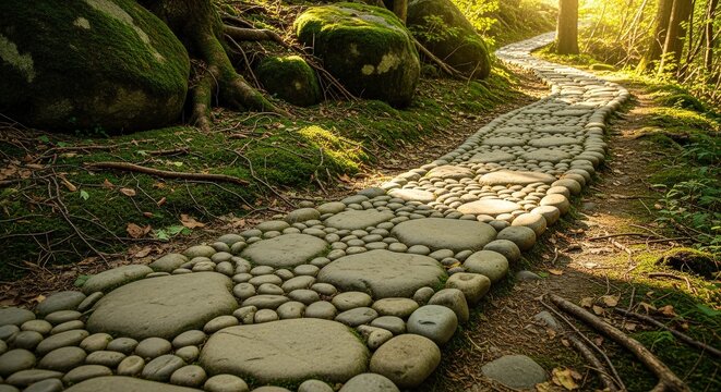 A winding stone path through a lush green garden with sunlight dappling through the trees and illuminating the natural textures of rocks and moss