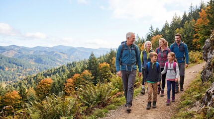 Obraz premium Multigeneration family hiking on mountain trail in autumn forest with scenic valley view grandparents parents and children enjoying outdoor adventure together active lifestyle concept