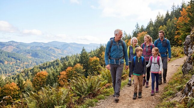 Multigeneration family hiking on mountain trail in autumn forest with scenic valley view grandparents parents and children enjoying outdoor adventure together active lifestyle concept