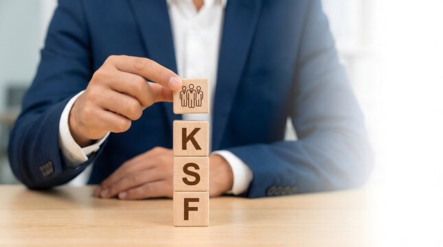 Man in a business suit is placing a wooden block with a 'people' icon onto a stack of blocks that spell out the acronym "ksf," representing key success factors.