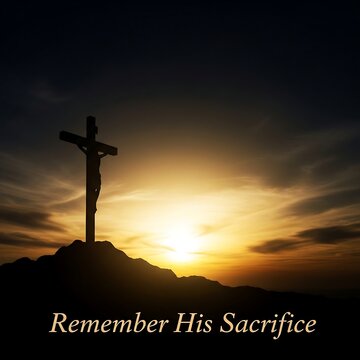 A cross on a hill at sunset with the words remember his sacrifice