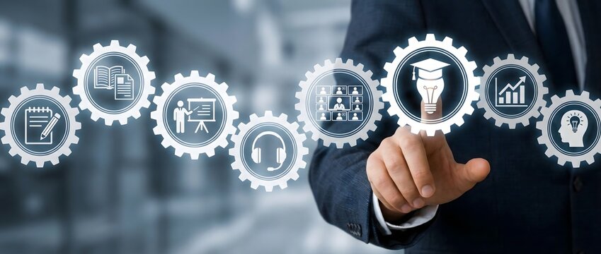 Business person's finger interacts with a holographic display of interconnected gears, each representing different aspects of education and learning processes.