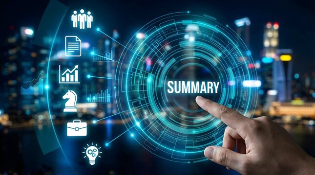 Data summary analytics concept with futuristic dashboard interface showing business insights and digital transformation