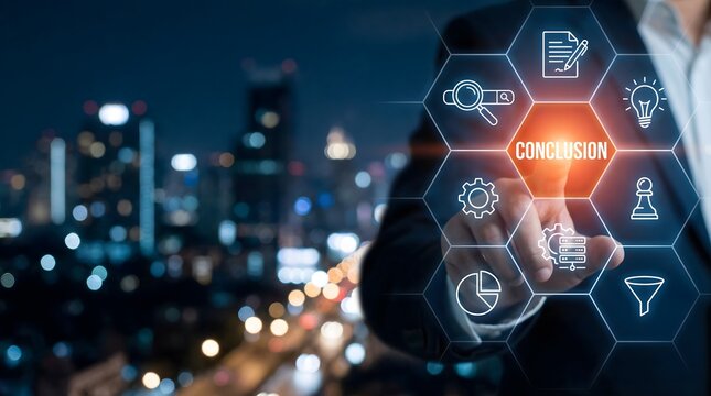 Businessman's hand points to the glowing 'conclusion' icon within a futuristic hexagonal network, set against a vibrant night cityscape background.