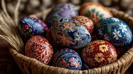 Traditional easter eggs decorated with intricate patterns in basket
