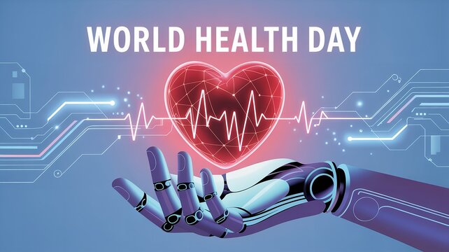 World Health Day Banner with Robotic Hand Holding Glowing Digital Heart for Medical Technology and Healthcare Concept