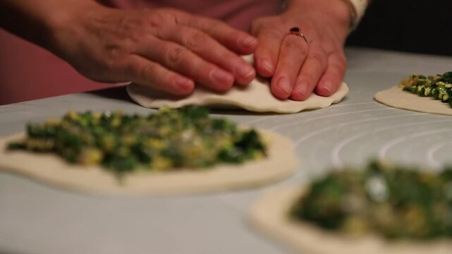 Close-up Hands Making Shrimp and Chives Chinese Chive Box, Homemade Asian Cooking Process