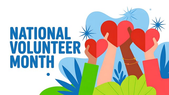 National volunteer month concept with diverse hands holding red hearts, symbolizing community service and empathy