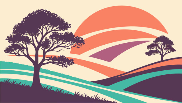 Colorful Sunset Hills Minimal Vector T-Shirt Design Modern Abstract Landscape
