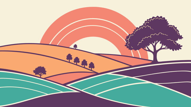 Colorful Sunset Hills Minimal Vector T-Shirt Design Modern Abstract Landscape