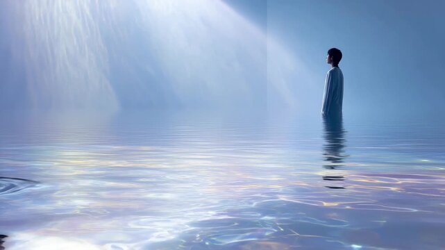 60 FPS Serene figure standing in shallow reflective water under soft god rays and drifting mist