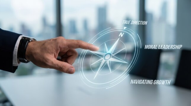 Closeup Businessman Hand interacting with virtual compass pointing North, representing true direction, moral leadership, navigating growth, and orientation.