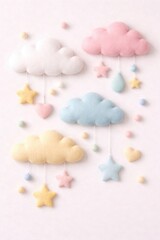 Fototapeta premium Pastel cloud mobile decor with stars and hearts