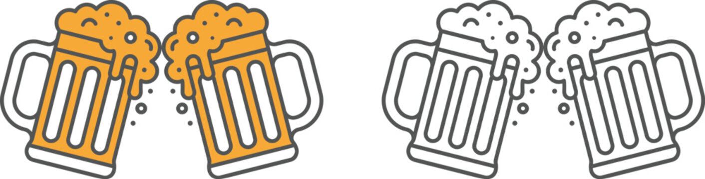 Vector illustration of two beer mugs with foam clinking together in a celebratory toast isolated on white background