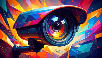 Obraz premium A vibrant, colorful illustration of a security camera on a multicolored background.