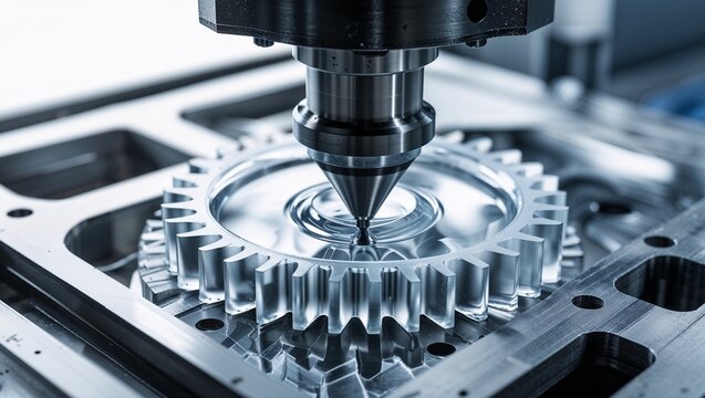 Close up of precision machining process on transparent gear component for industrial manufacturing concept