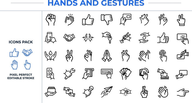 Hands & Gestures Icon Set Pack &mdash; Thumbs Up, Pointing, Interaction, Pixel Perfect Editable Vector