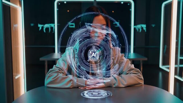 woman at table with hologram and ai interface. technology display glows under neon light. chair behind subject. hand rests on tabletop near circular interface and projected data. orbiting ring.