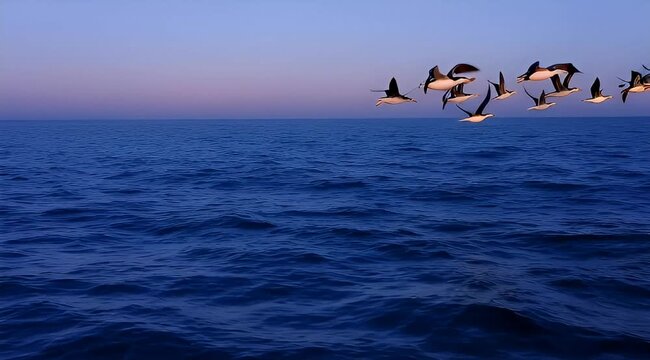 A captivating flock of seabirds soaring gracefully above the expansive, deep blue ocean during a tranquil twilight hour, reflecting the sky's soft gradient