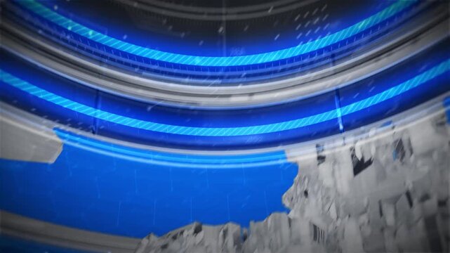 Dynamic 3D blank news broadcast intro featuring a rotating stylized globe, spinning rings, and digital HUD elements on a dark sport blue background with empty space for text at the end