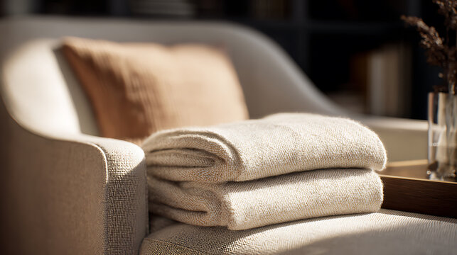 Cozy armchair with folded blankets and a decorative pillow in warm sunlight