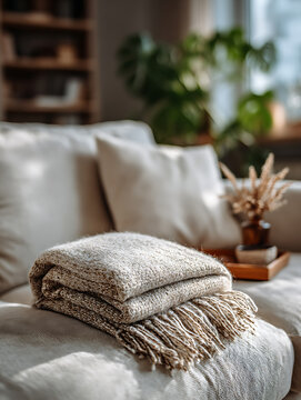 Cozy textured throw blanket folded neatly on a neutral sofa with soft natural light