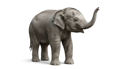 Obraz premium Adorable baby elephant stands isolated against a clean white background with its trunk raised high