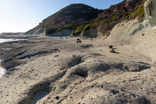Unique white volcanic rock formations and textures at Cane Malu, Bosa, Sardinia.