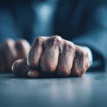A close-up of a clenched fist on a table, suggesting determination or resolve, with a blurred background.