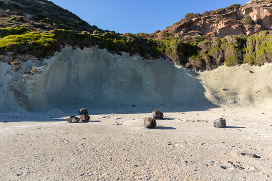 Unique white volcanic rock formations and textures at Cane Malu, Bosa, Sardinia.
