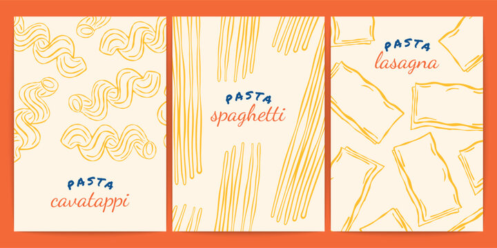Italian pasta posters. Vintage traditional mediterranean noodle food backgrounds, spaghetti, lasagna, cavatappi macaroni for restaurant menu, cookbooks, invitations. Vector set