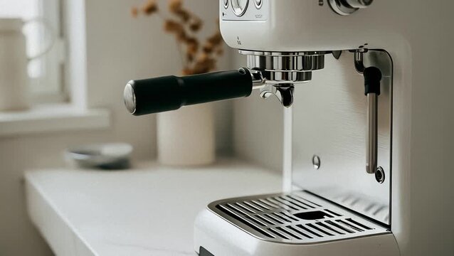 A modern white espresso machine brewing coffee on a clean, minimalist kitchen countertop, with a portafilter dripping liquid into the tray.