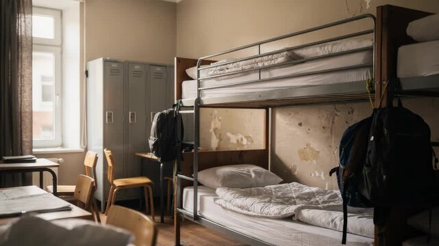 Medium shot of mixedgender budget hostel dorm with woodaccented bunk beds sharply focused accompanied by slightly blurred lockers and basic seating for travelers.