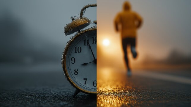 An artistic split image showing a frosty clock on one side and a blurred runner in a yellow jacket on the other during a misty sunrise or sunset.