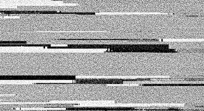 Monochrome television static with horizontal black bars and digital noise for retro media backgrounds with vintage television