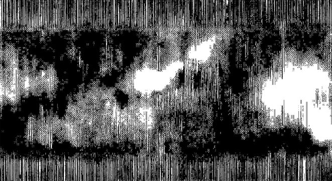 Abstract dense monochrome noise texture with horizontal and vertical elements, creating a busy, textured background for grunge or digital disruption themes, black and white graphic