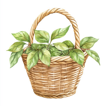 Hackberry Basket, charming watercolor vector with soft tones and graceful design, isolated on a white background.