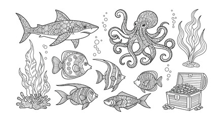 Detailed illustration of marine life including sharks octopus and fish © Begum