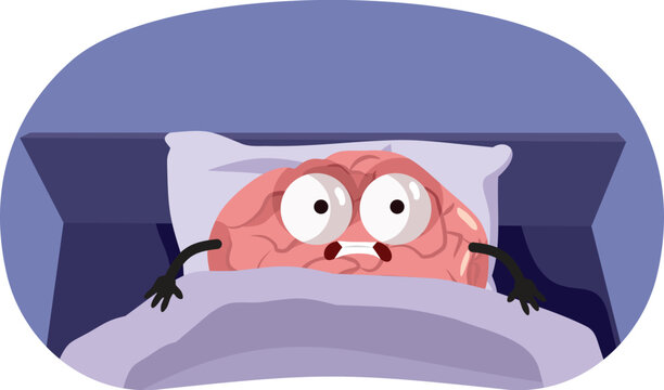 Anxious Brain Suffering from Insomnia in Bed Vector Illustration. Stressed anxious mind feeling depressed and worried after a bad dream
