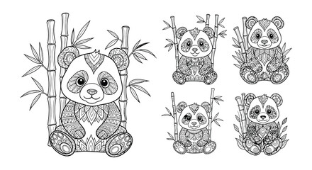 Adorable panda bears surrounded by bamboo in an intricate coloring page © Begum