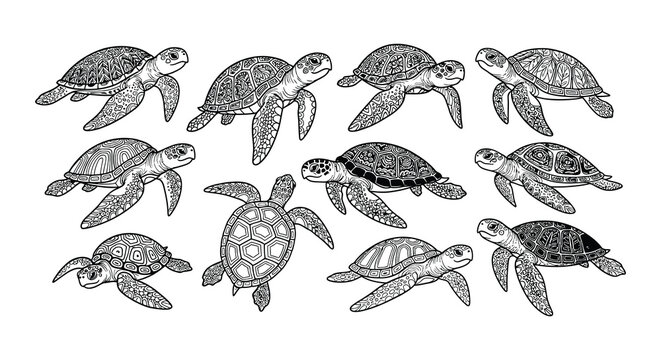 A collection of detailed hand drawn sea turtles in various poses