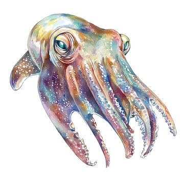 Cuttlefish, high quality watercolor illustration with transparent textures, isolated on a white background.