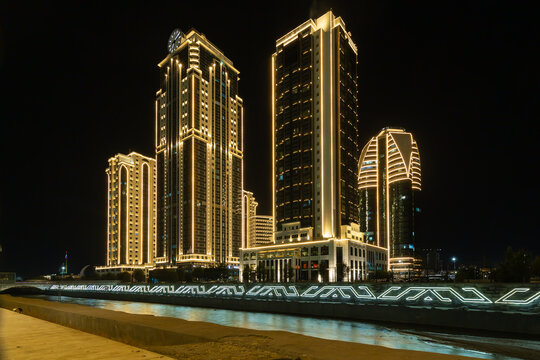 Night view of Grozny-City, a skyscraper complex in Grozny