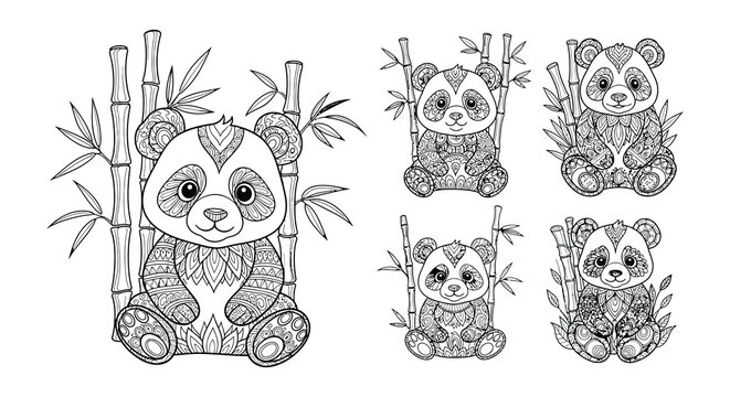 Adorable panda bears surrounded by bamboo in an intricate coloring page